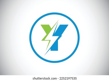 Initial Y letter logo design with lighting thunder bolt. Electric bolt letter logo vector 