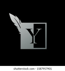 Initial Y Letter Logo icon Square  Feather. Vintage design concept  geometric square  feather element and outline letter logo icon for corporate, lawyer, notary, firm and more brand identity.