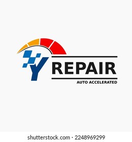 Letra Y inicial con velocímetro, icono de carrera para el logotipo de la compañía automotriz. Plantilla de logotipo del almacén de servicios acelerados de transporte de motor