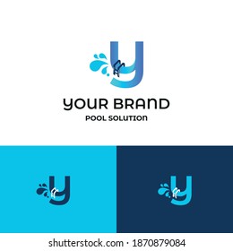Carta inicial u para las piscinas y la reparación, el montaje y la plantilla del logotipo de la empresa de servicios