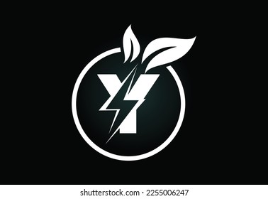 Initial Y letter thunderbolt leaf circle or eco energy saver icon. Leaf and thunderbolt icon concept for nature power electric logo 