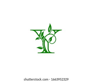 Initial Y Logo. Y Letter Design Vector with Green Color and Floral Hand Drawn Green Leaves.