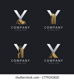 Initial Y logo with real estate elements in gold and silver color