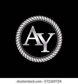 initial a and y logo silver metallic with metal circle rope frame border decorative