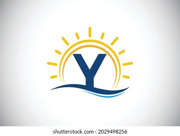 Initial Y monogram alphabet with abstract sun and wave. Ocean sun logo design. Font emblem. Modern vector logo for a business, and company identity