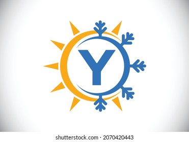 Initial Y monogram alphabet with abstract sun and snow. Air conditioner logo sign symbol. Hot and cold symbol. Modern vector logo for conditioning business and company identity