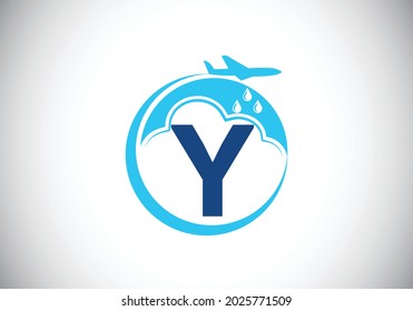 Initial Y monogram alphabet with an airplane and cloud. Artificial rainmaking. Cloud seeding logo. Modern vector logo for the business, and company identity
