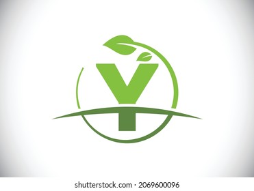 Initial Y monogram alphabet with circle leaf and swoosh. Eco-friendly logo concept. Font emblem. Modern vector logo for ecological business and company identity
