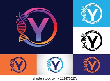 Initial Y monogram alphabet in a circle with DNA. Genetics logo design concept. Logo for medicine, science, laboratory, business, and company identity