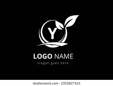 Initial Y monogram alphabet with circle leaf and swoosh. Eco-friendly black logo concept