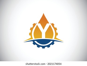 Initial Y monogram alphabet with gear swoosh and oil. Oil and gas logo concept. Font emblem. Modern vector logo for petroleum business and company identity