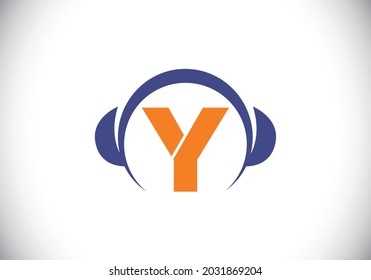 Initial Y monogram alphabet with a headphone. Headphone Logo. Music sign symbol. Font emblem. Design element for poster, banner, t-shirt, notebook cover, sticker, greeting card, bag, badge.
