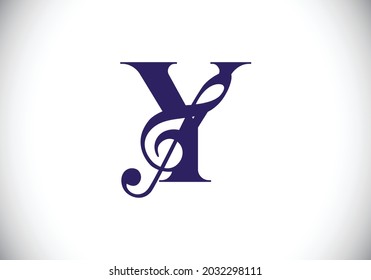 Alfabeto monograma Y inicial con una nota musical. Signos de sinfonía o melodía. Símbolo musical. emblema de letra. Plantilla moderna de diseño de logotipo vectorial.