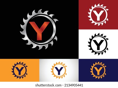 Alfabeto monograma Y inicial con la hoja de la sierra. Carpintería, diseño de logotipo de carpintería. emblema de letra. Logotipo vectorial moderno para la identidad empresarial y de empresa de aserradero
