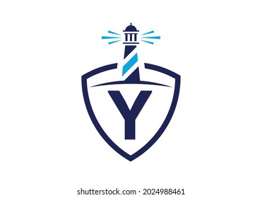 Initial Y monogram alphabet in a shield with the lighthouse. Harbor logo. Font emblem. Modern vector lighthouse logo for business, organization, or website