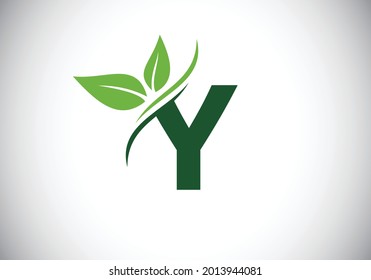 Initial Y monogram alphabet with two leaves. Green, eco-friendly logo concept. Modern vector logo for ecological business and company identity