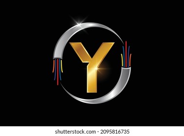 Initial Y monogram letter alphabet with electric wire, optical fiber cable. Font emblem.