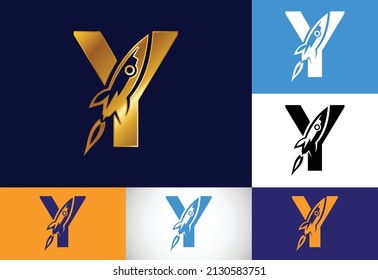 Alfabeto inicial de letra monograma Y con un diseño de logotipo Rocket. Icono de cohete. emblema de letra. Logo vectorial moderno para identidad empresarial y de empresa.