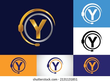 Initial Y monogram letter alphabet and support service with headphones. Headphone logo. Hotline customer advice, call center help