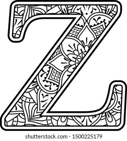 initial z in black and white with doodle ornaments and design elements from mandala art style for coloring. Isolated on white background