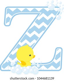 initial z with bubbles and little baby rubber duck isolated on white background. can be used for baby boy birth announcements, nursery decoration, party theme or birthday invitation