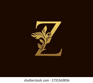 Initial Z Gold Leaf Logo Design . Graceful style.  Vintage drawn emblem for book design, wedding ornament, brand name, letter stamp, Restaurant, Boutique, Hotel.  