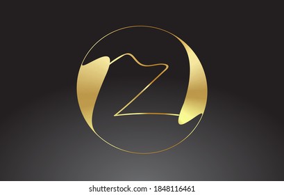 Initial Z handwritten letter logo with golden elegant design and golden wave circle. Shiny metal creative vector illustration with letter Z.