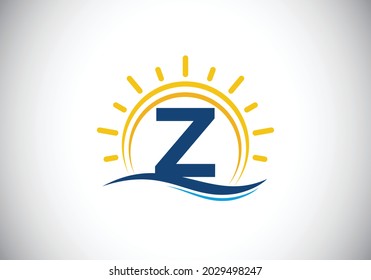 Alfabeto monograma Z inicial con sol y onda abstracta. Diseño del logo de Ocean sun. emblema de letra. Logo vectorial moderno para una empresa, e identidad de la empresa