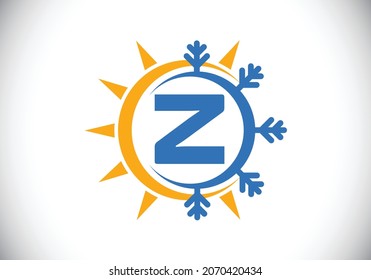 Initial Z monogram alphabet with abstract sun and snow. Air conditioner logo sign symbol. Hot and cold symbol. Modern vector logo for conditioning business and company identity