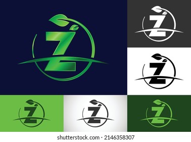Initial Z monogram alphabet with circle leaf and swoosh. Eco-friendly logo concept. Modern vector logo for ecological business and company identity