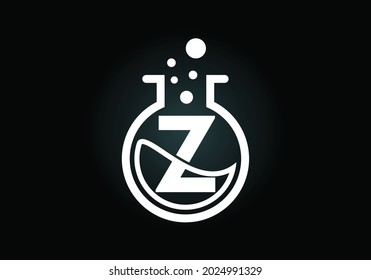 Alfabeto monograma Z inicial con vidrio de laboratorio, líquido químico y burbujas. Diseño de logotipo de laboratorio. Logotipo para la ciencia y la tecnología y la identidad de la empresa