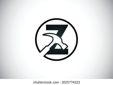 Initial Z monogram letter alphabet with a Hammer. Repair, renovation, and construction logo. Modern vector logo for construction business, and company identity