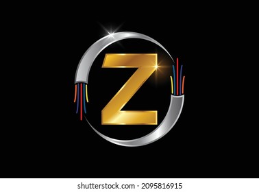 Alfabeto monograma Z inicial con cable eléctrico, cable de fibra óptica. emblema de letra.