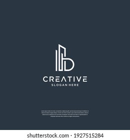 Initials b line art style with building symbol logo design minimalist