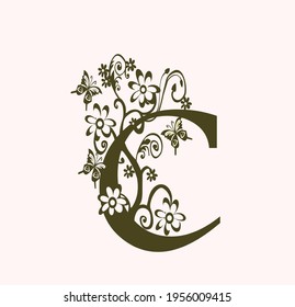 the initials C. monogram logo with flower and butterfly decoration. luxury beauty