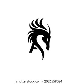 initials A with dragon-haired horses, typography.