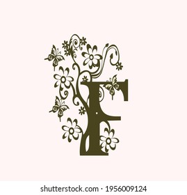 the initials F. monogram logo with flower and butterfly decoration. luxury beauty