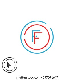Initials FF letter logo monogram, intersection thin line F and F initials combination hipster emblem wedding card, blue and red circle frame