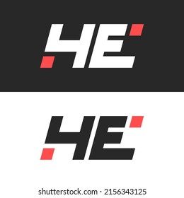 Initials HE or EH letters monogram italic font technology emblem, combination two black and white letters H and E with red squares geometric shape.