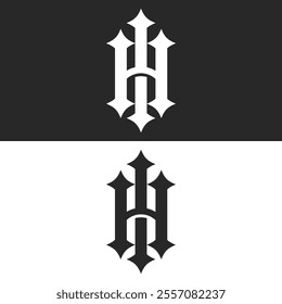 Initials ih or hi letters monogram logo with sharp geometric black and white gothic serif font design, combination letters I and H together for identity tattoo, business or wedding cards.