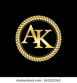 initials a and k logo luxurious golden letters with gold rope