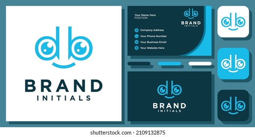 Initials Letter BD DB Eyes Smile Happy Dental Dentist Monogram Logo Design with Business Card