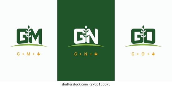 Letra inicial GM GN y GO con colecciones de diseño de logotipo de hoja de planta. Símbolo de la naturaleza GM. Logotipo de la tierra de la granja de GN. Logotipo de la planta de cultivo monograma GO