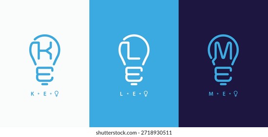 Initialen Buchstaben KE, LE, ME Leuchtmittel Form Logo Design Kollektionen. Buchstabe KE-Glühlampensymbol. Logo für LE-Monogramm-Technologie. Initial ME Lampensymbol