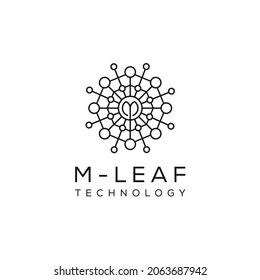 initials letter M leaves logo design icon of technology circuit
