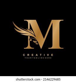 initials letter M luxury beauty monogram logo gold color. typography logo
