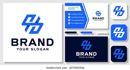 Initials Letter SH HS Hexagon Blue Geometric Monogram Modern Logo Design with Business Card Template