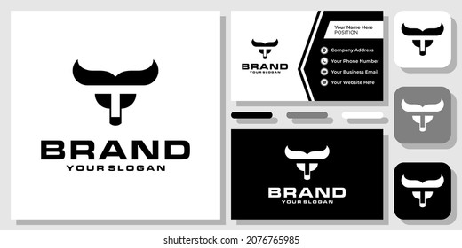 Initials Letter T Head Bull Mascot Simple Logo Design Vector with Business Card Template
