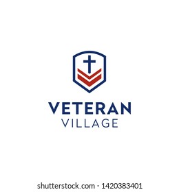 Initials Letter V Military Rank Emblem and Christian Cross Crucifix logo design vector