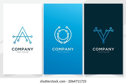 Initials letters A, O and V combination with technology elements logo design, vector illustration set 